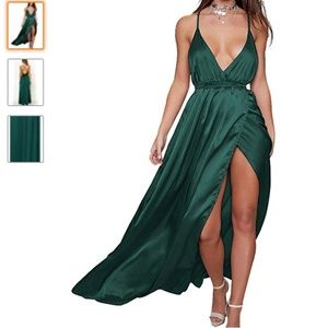 Green Silk Plunge Neck Maxi Dress